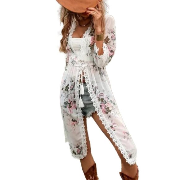 SHEIN Tops - ❤️ SHEIN Swim Floral Print Contrast Lace Split Hem Kimono, Summer Beach large